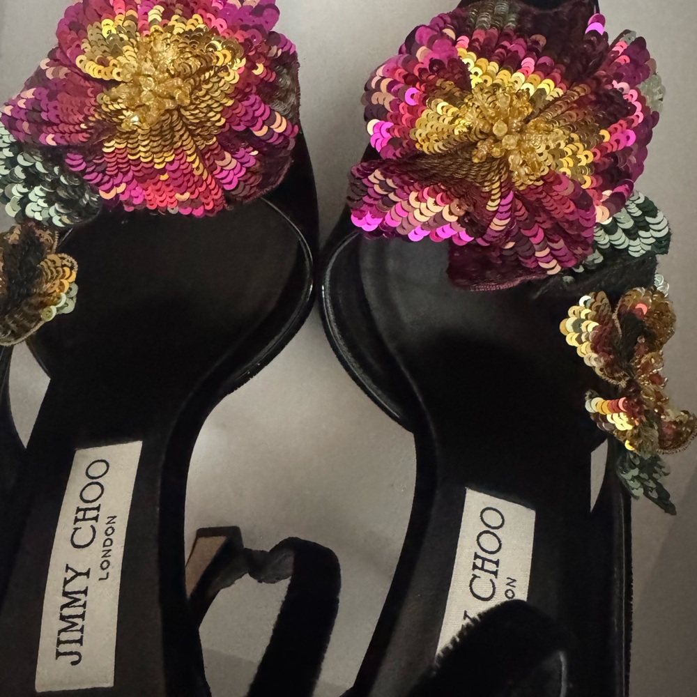 Jimmy Choo Black Velvet Heels with Sequin Floral Embellishments - Picture 4 of 8